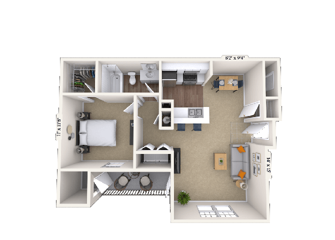 Floor plan for 1 bed, 1 bath, 812 sqft