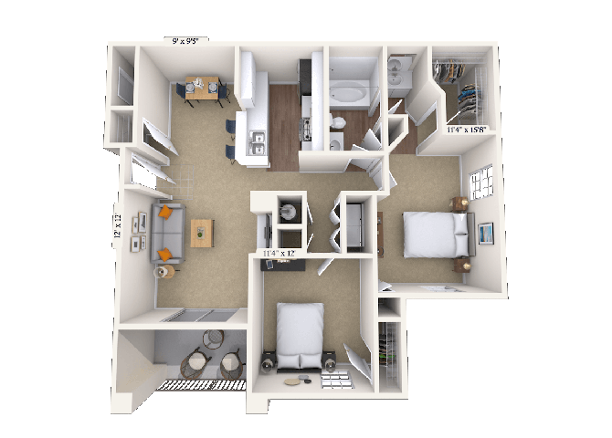 Floor plan for 2 beds, 1 bath, 1158 sqft