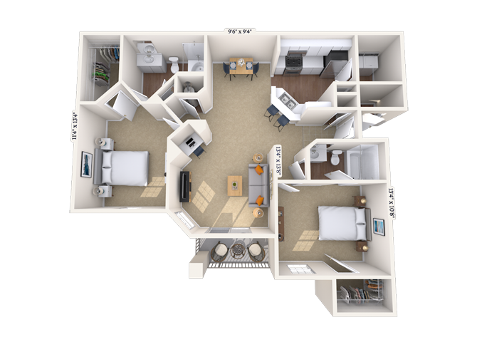 Floor plan for 2 beds, 2 baths, 1165 sqft