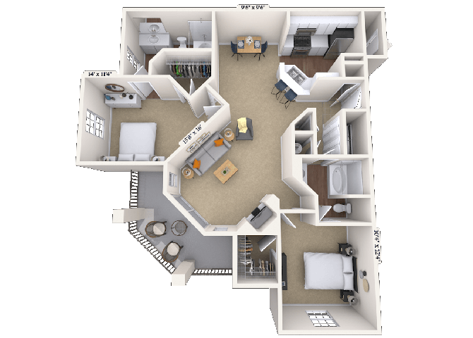 Floor plan for 2 beds, 2 baths, 1289 sqft