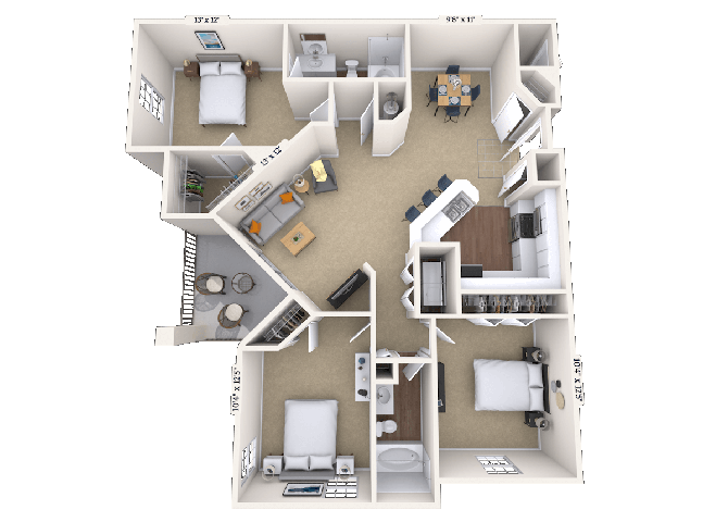 Floor plan for 3 beds, 2 baths, 1391 sqft
