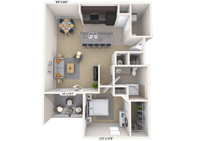 Floor plan for 1 bed, 1 bath, 914 sqft
