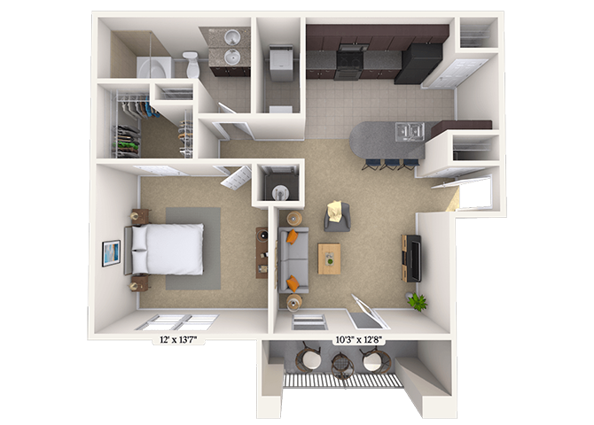 Floor plan for 1 bed, 1 bath, 800 sqft