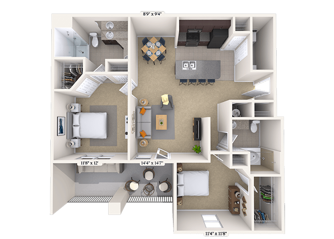 Floor plan for 2 beds, 2 baths, 1332 sqft
