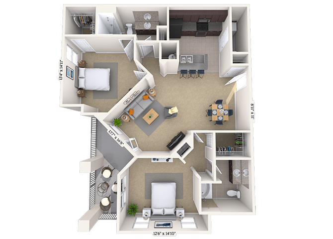 Floor plan for 2 beds, 2 baths, 1387 sqft