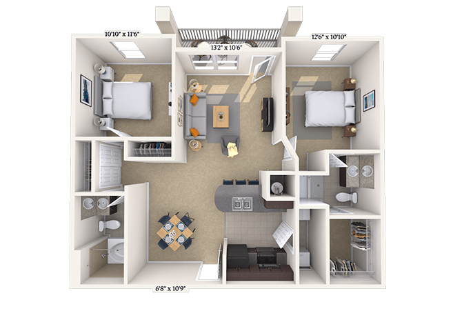 Floor plan for 2 beds, 2 baths, 1134 sqft