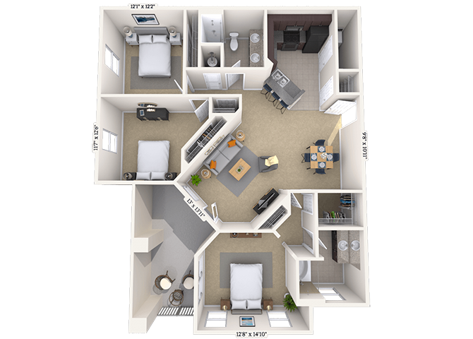 Floor plan for 3 beds, 2 baths, 1532 sqft