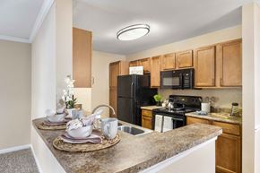 Charlotte apartment for rent - A kitchen with a black refrigerator and wooden cabinets.