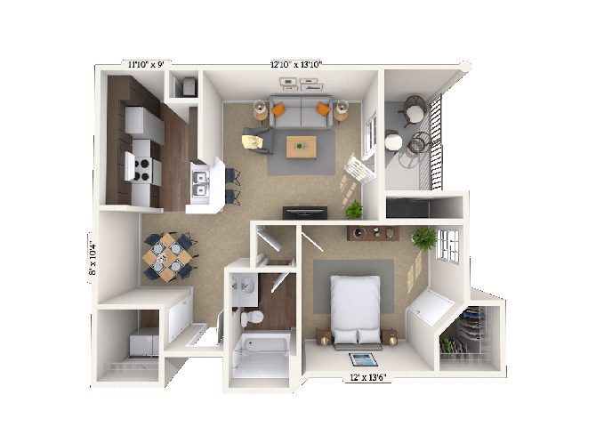 Floor plan for 1 bed, 1 bath, 738 sqft