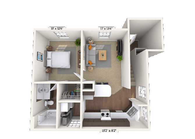 Floor plan for 1 bed, 1 bath, 688 sqft