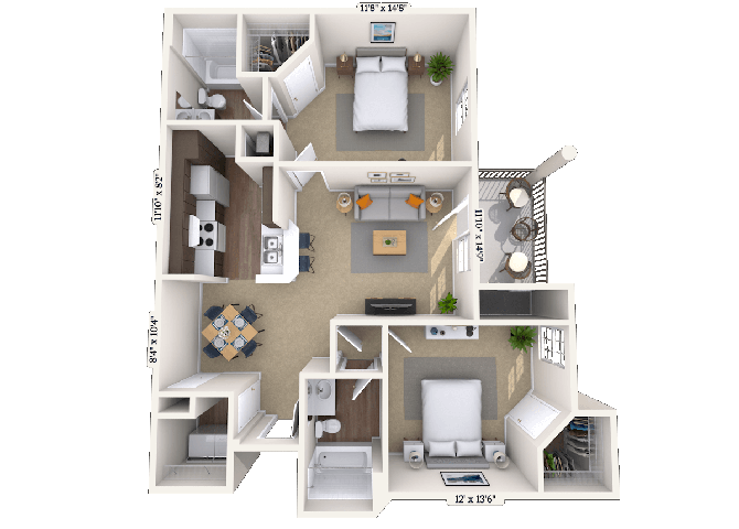 Floor plan for 2 beds, 2 baths, 983 sqft