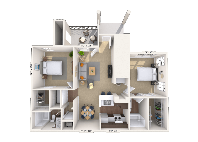 Floor plan for 2 beds, 2 baths, 1019 sqft