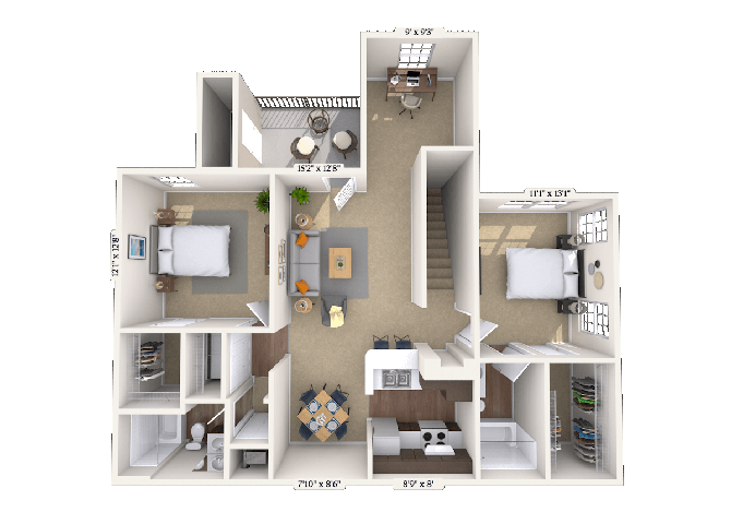 Floor plan for 2 beds, 2 baths, 1170 sqft