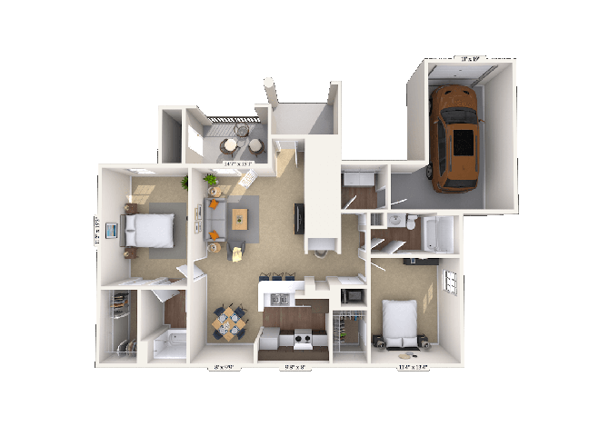 Floor plan for 2 beds, 2 baths, 1130 sqft