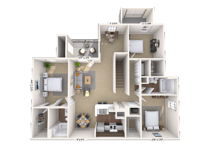 Floor plan for 3 beds, 2 baths, 1430 sqft