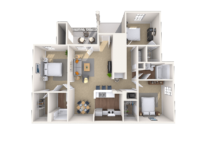 Floor plan for 3 beds, 2 baths, 1349 sqft