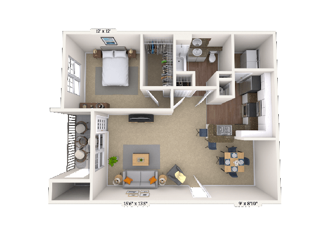 Floor plan for 1 bed, 1 bath, 783 sqft