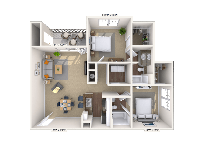 Floor plan for 2 beds, 2 baths, 1018 sqft