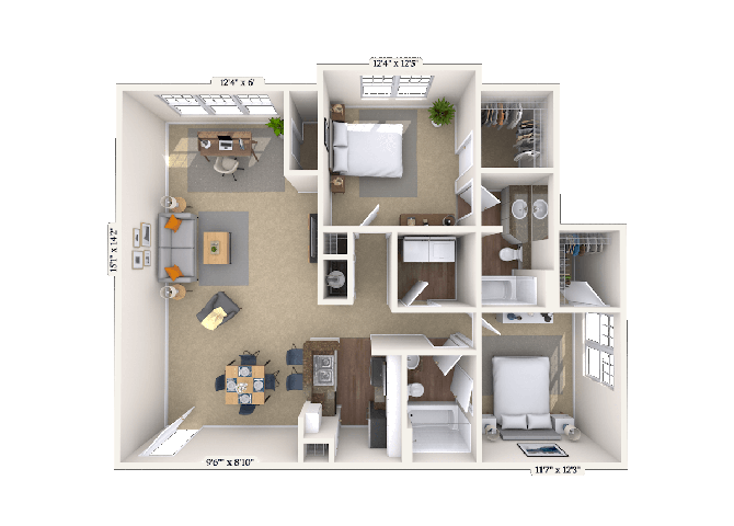 Floor plan for 2 beds, 2 baths, 1108 sqft