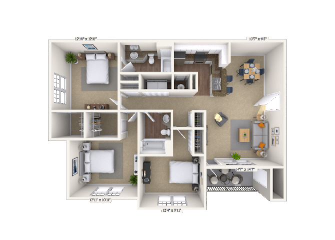 Floor plan for 3 beds, 2 baths, 1203 sqft