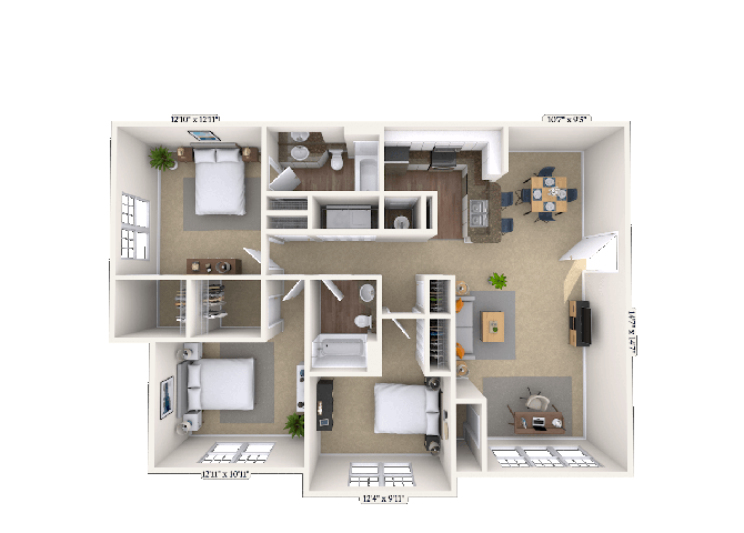 Floor plan for 3 beds, 2 baths, 1293 sqft