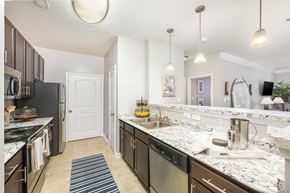 Charlotte apartment for rent - A kitchen with a black fridge and a white sink.