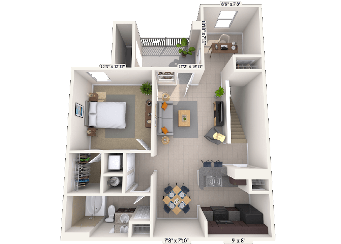 Floor plan for 1 bed, 1 bath, 907 sqft