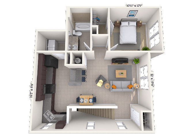 Floor plan for 1 bed, 1 bath, 753 sqft