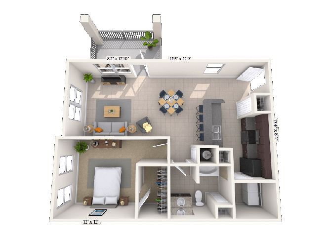 Floor plan for 1 bed, 1 bath, 852 sqft