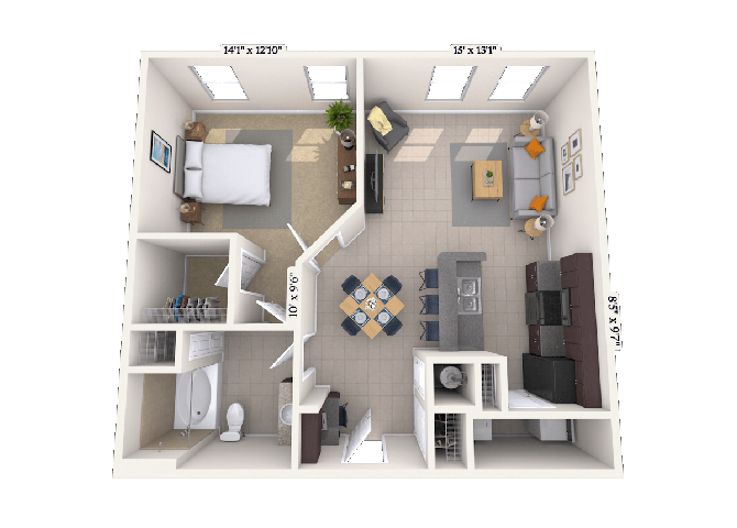 Floor plan for 1 bed, 1 bath, 800 sqft