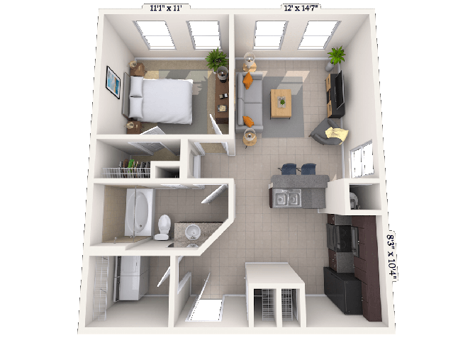Floor plan for 1 bed, 1 bath, 640 sqft