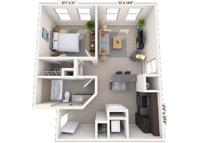 Floor plan for 1 bed, 1 bath, 616 sqft