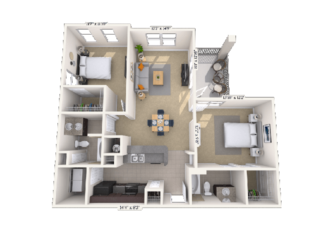 Floor plan for 2 beds, 2 baths, 1122 sqft