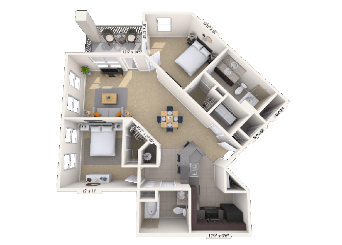 Floor plan for 2 beds, 2 baths, 1111 sqft