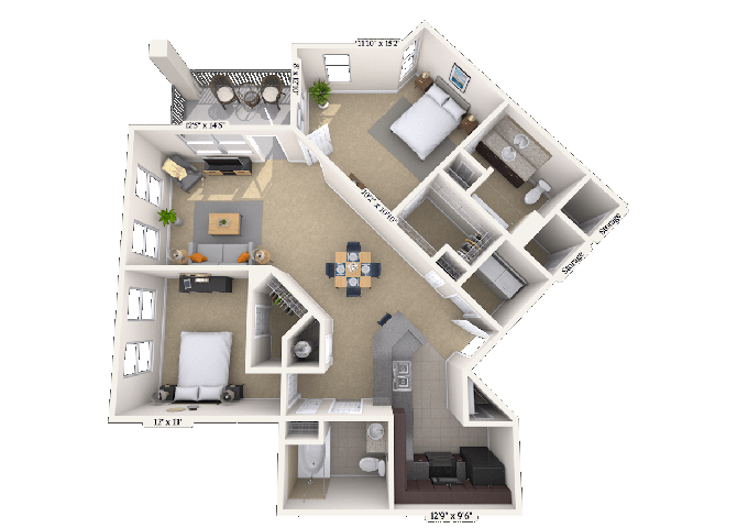 Floor plan for 2 beds, 2 baths, 1193 sqft