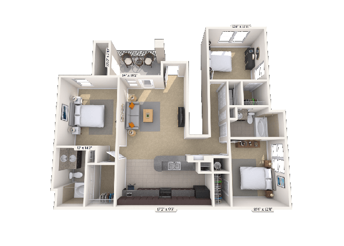 Floor plan for 3 beds, 2 baths, 1265 sqft