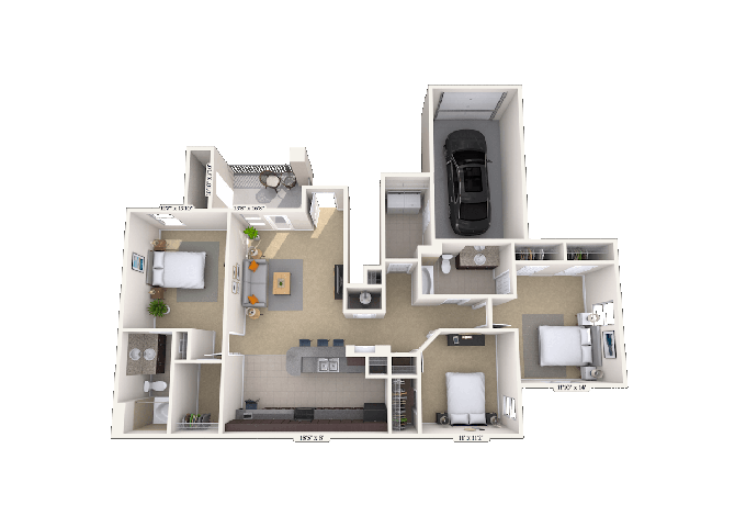 Floor plan for 3 beds, 2 baths, 1358 sqft