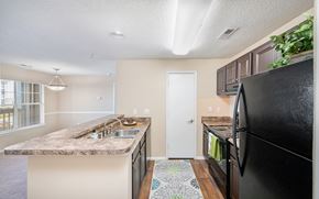 Charlotte apartment for rent - an updated kitchen with black appliances and granite counter tops