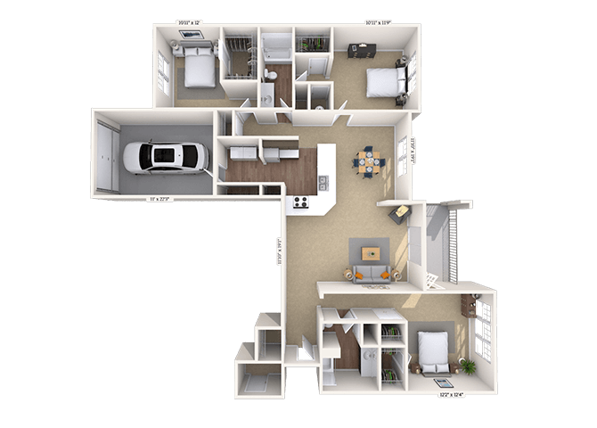 Floor plan for 3 beds, 2 baths, 1387 sqft