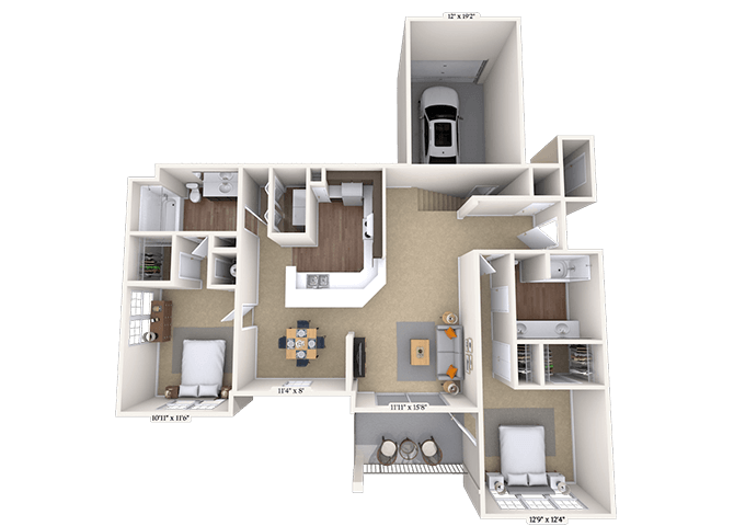Floor plan for 2 beds, 2 baths, 1195 sqft
