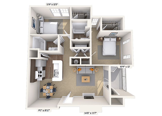 Floor plan for 2 beds, 2 baths, 1052 sqft