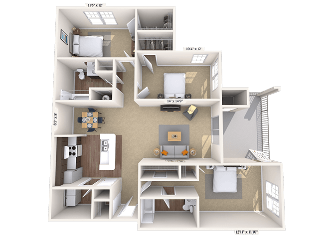 Floor plan for 3 beds, 2 baths, 1237 sqft
