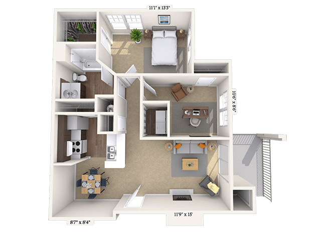 Floor plan for 1 bed, 1 bath, 831 sqft