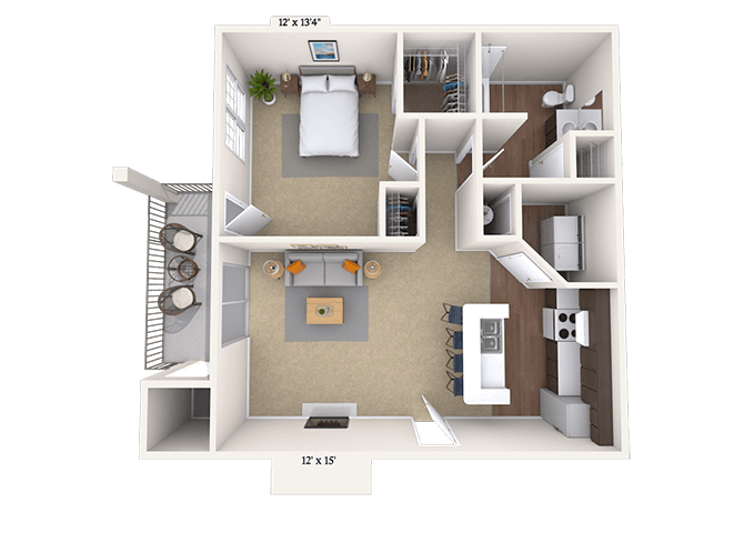 Floor plan for 1 bed, 1 bath, 650 sqft