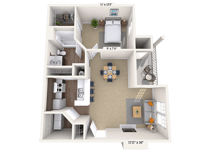 Floor plan for 1 bed, 1 bath, 735 sqft