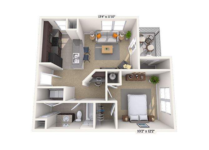 Floor plan for 1 bed, 1 bath, 652 sqft
