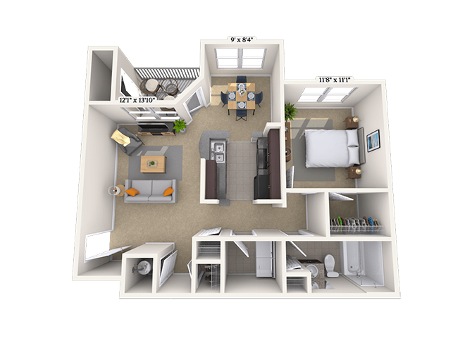 Floor plan for 1 bed, 1 bath, 762 sqft
