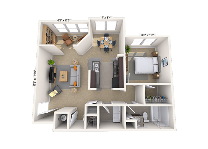 Floor plan for 1 bed, 1 bath, 840 sqft