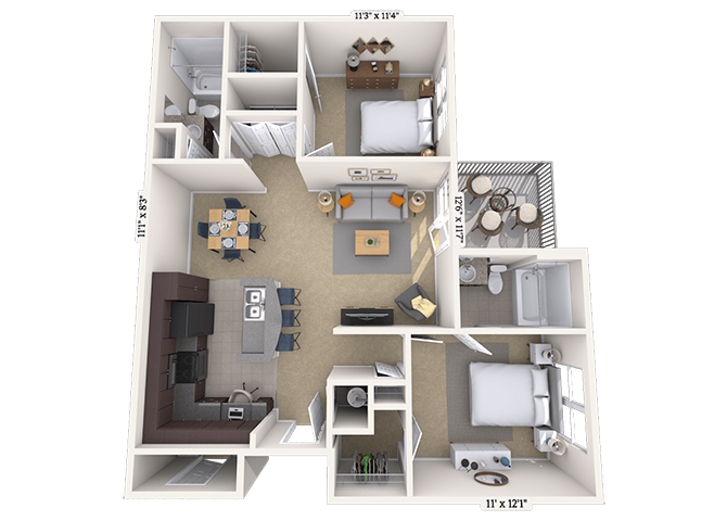 Floor plan for 2 beds, 2 baths, 965 sqft