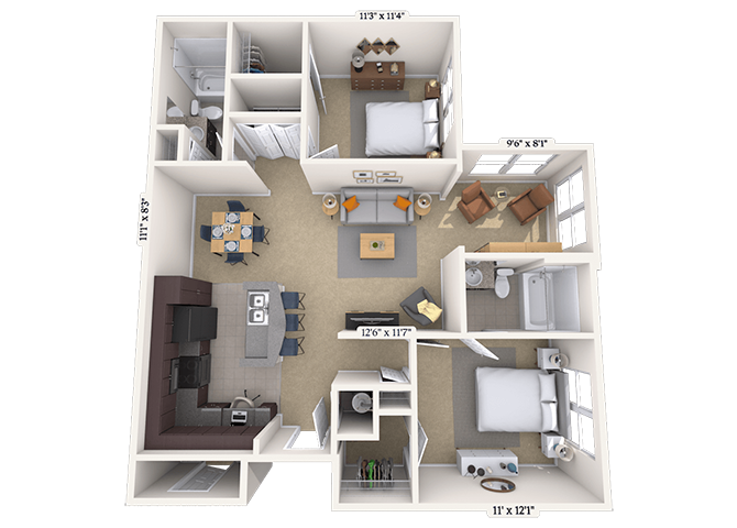 Floor plan for 2 beds, 2 baths, 1048 sqft